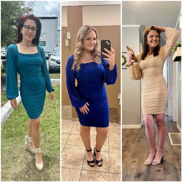 NWT Merokeety Teal Green Blue Mesh Ruched Lanturn Long Sleeve Mini Dress XL - Picture 6 of 16